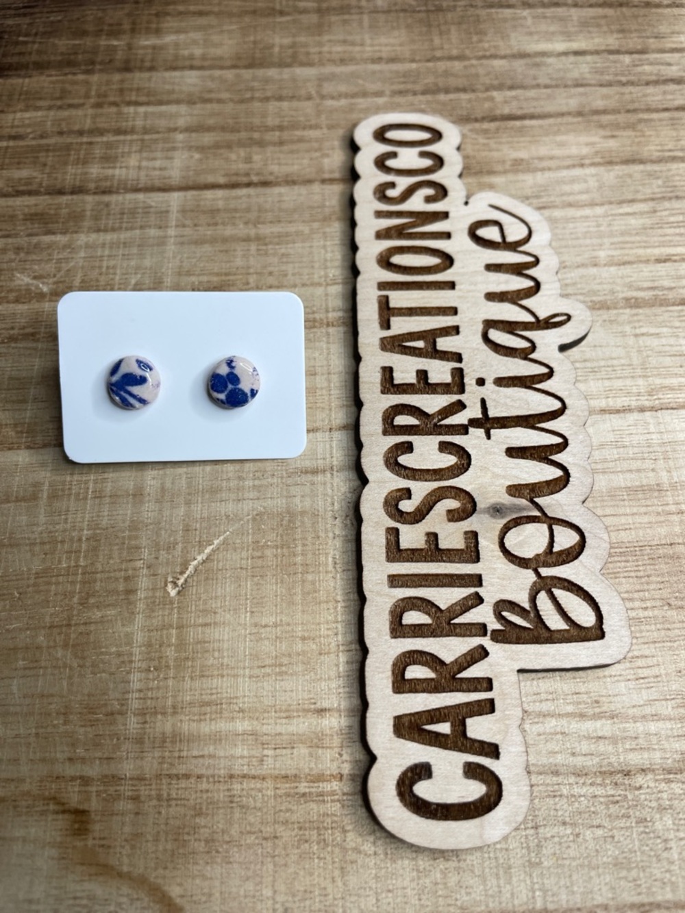 Handmade Clay Stud Earrings in White and Blue
